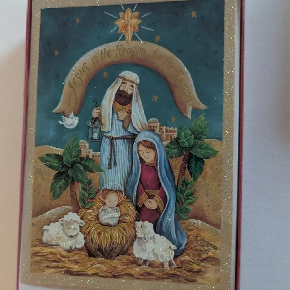 NWT 16 Glitter Nativity Christmas Cards Paper Magic Sealed Box Christian Holiday